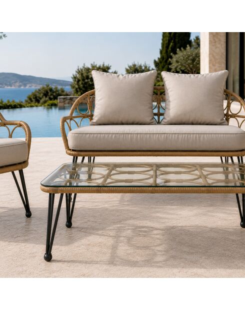 Salon de jardin 4 places avec table basse effet rotin Verona naturel - 4 pièces