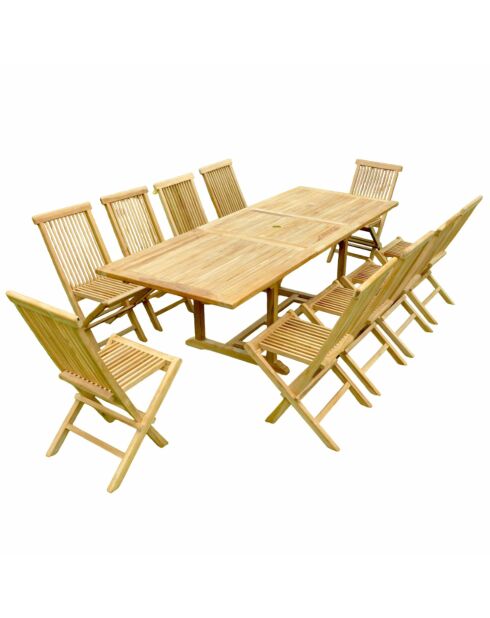 Salon de jardin en teck 12 places avec table rectangulaire et 10 chaises Lireno marron - 11 pièces