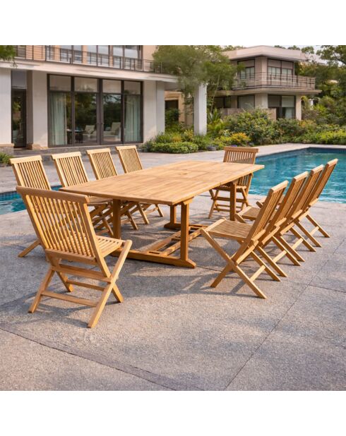 Salon de jardin en teck 12 places avec table rectangulaire et 10 chaises Lireno marron - 11 pièces