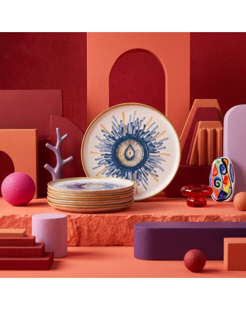 6 pièces d'assiettes à dessert x00017295 blanc/bleu/orange - D. 22 cm