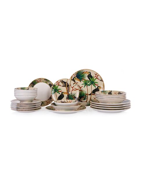 24 pièces Service de table Toucan multicolores - 25x25x2,5 cm/21x21x3,5 cm /14x14x4,5 cm