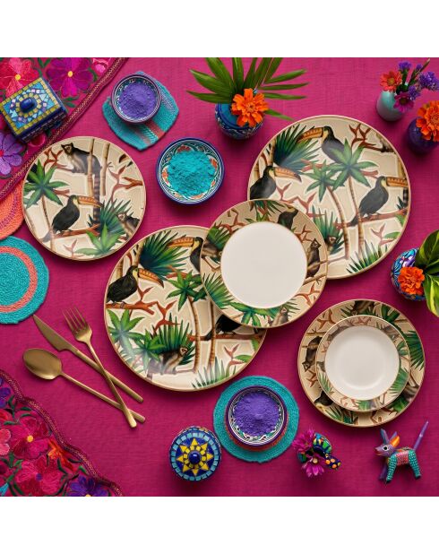 24 pièces Service de table Toucan multicolores - 25x25x2,5 cm/21x21x3,5 cm /14x14x4,5 cm