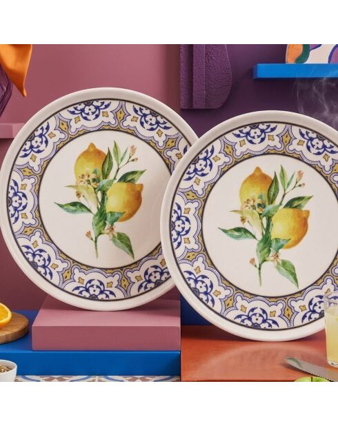 6 pièces d'assiettes de service Lemon Garden jaune/bleu/blanc/vert - 25,5x25,5x2,5 cm