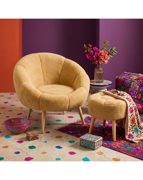 2 pièces fauteuil à oreilles et pouf Lida brunes - 75 x100x42 cm/ D.45cm