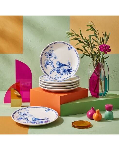 6 pièces d'assiettes de service Blue Bird bleu/blanc - 25,5x25,5x2,5 cm