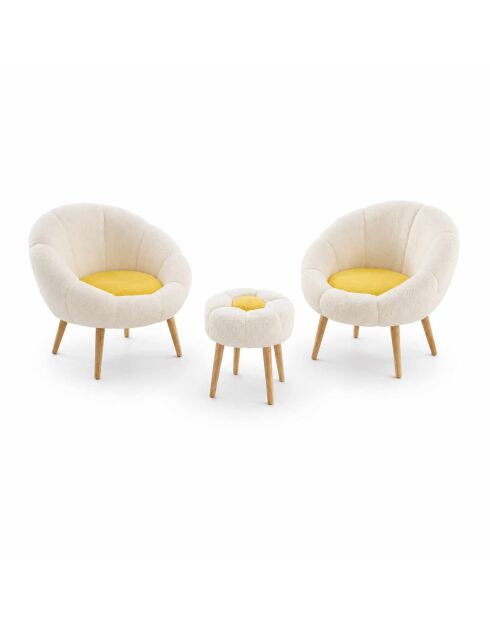 3-teiliger Ohrensessel und Hocker Lida Wellsoft weiß/gelb - 75x100x42cm