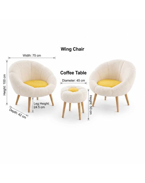 3-teiliger Ohrensessel und Hocker Lida Wellsoft weiß/gelb - 75x100x42cm