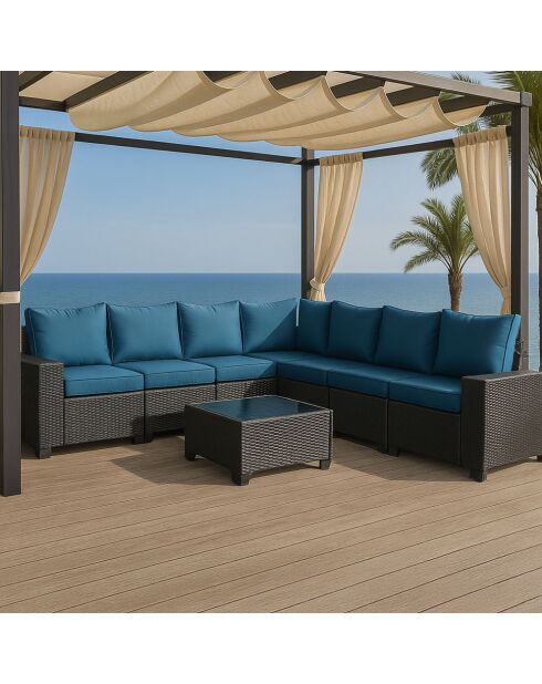 Salon de jardin d'angle 7 places en résine tressée avec table Martinho gris et bleu - 2 pièces