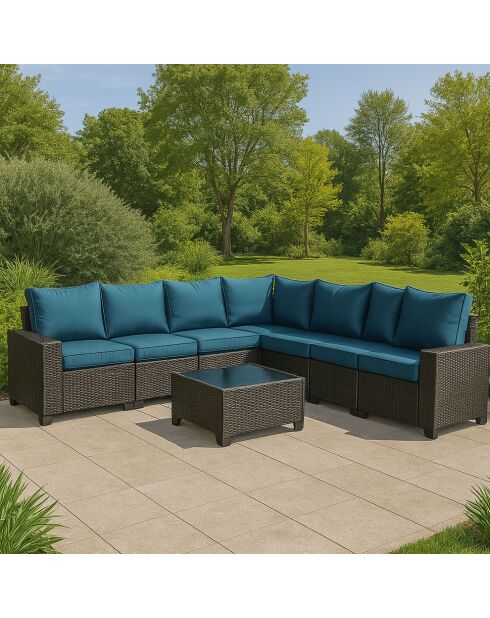 Salon de jardin d'angle 7 places en résine tressée avec table Martinho gris et bleu - 2 pièces