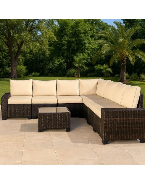Salon de jardin d'angle 7 places en résine tressée avec table Martinho marron et beige - 2 pièces