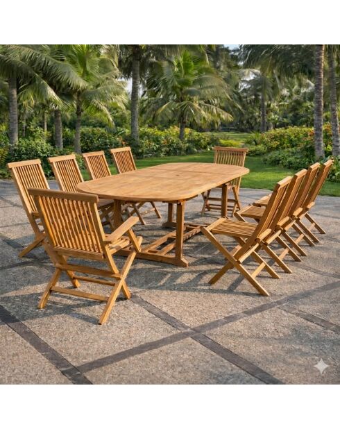 Salon de jardin en teck 12 places avec table ovale, 8 chaises et 2 fauteuils Lireno marron - 11 pièces
