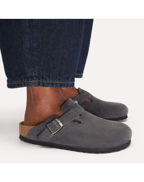 Boston Hunus Leder-Clogs aus anthrazitfarbenem Samt