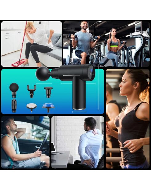 Pistolet de massage musculaire 6 vitesses réglables 6 têtes de massage modèle Smart Gun noir