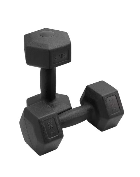 Lots de 2 Haltères hexagonal écologique en acier recouvert de PVC noir - 2,5 kg l'unité