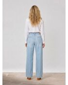 Lichtblauwe wijde jeans van katoen en linnenmix met hoge taille