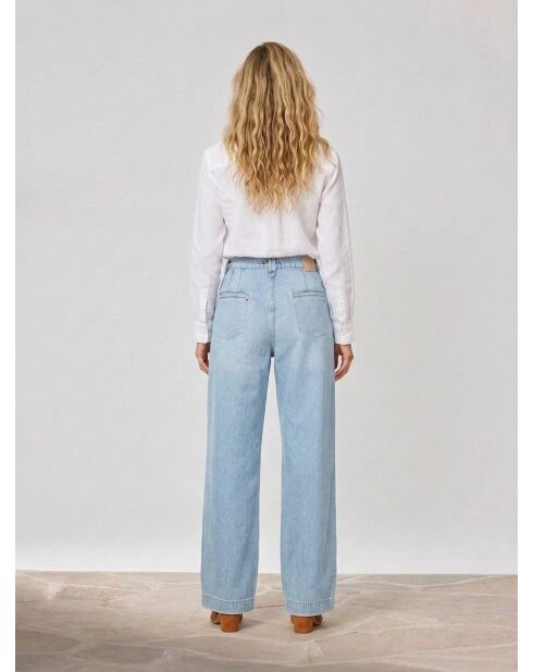 Lichtblauwe wijde jeans van katoen en linnenmix met hoge taille