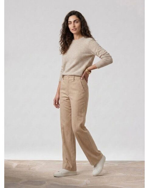 Edie Text Hose in regulärer Passform aus Wollmischgarn, beige