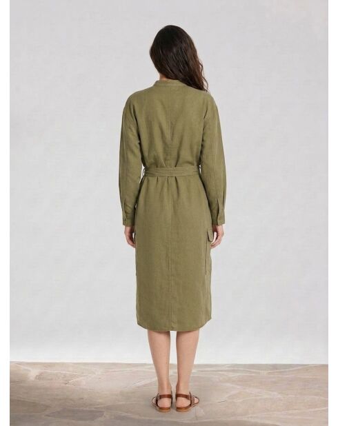 Khakifarbenes Hemdkleid aus Tencel mit Maokragen aus Leinenmischung