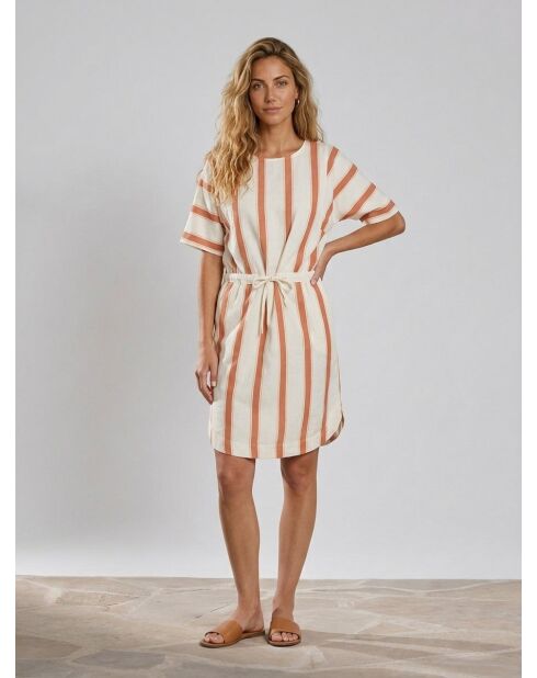 Mittellanges Kleid Anis aus Leinenmix mit weiß/braunen Streifen