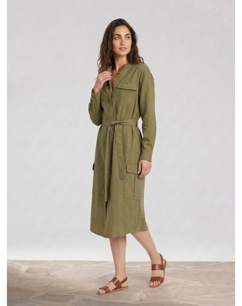Khakifarbenes Hemdkleid aus Tencel mit Maokragen aus Leinenmischung