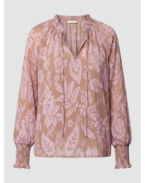 Blusa a maniche lunghe a fiori fluidi tortora/rosa