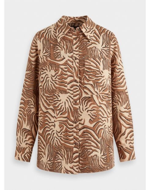 Camisa 100% lino con estampado coral beige
