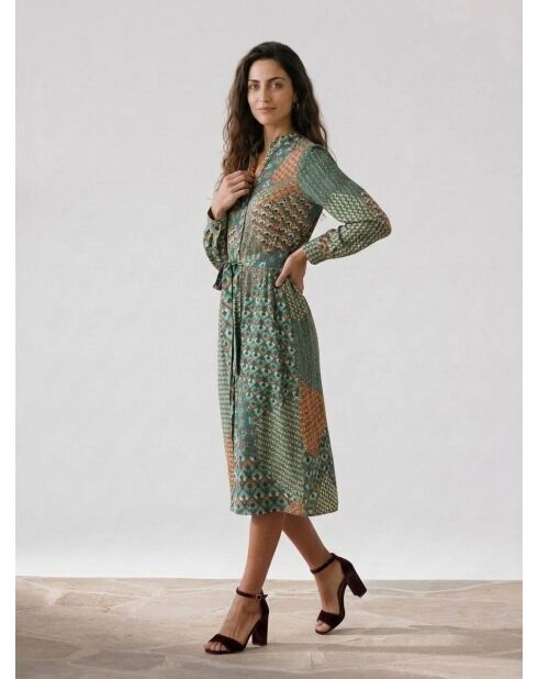 Bedrucktes Kleid in Mondgrün/Kamel