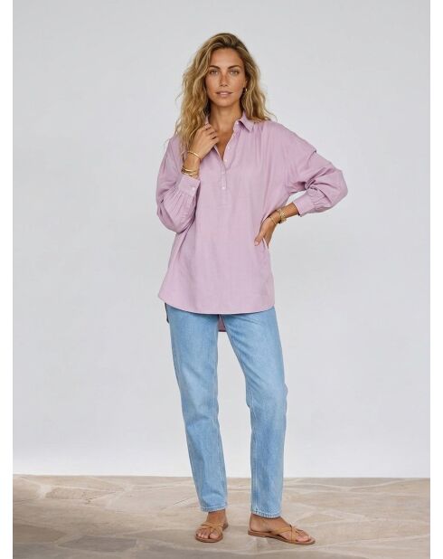 Blusa in popeline viola chiaro con colletto a polo