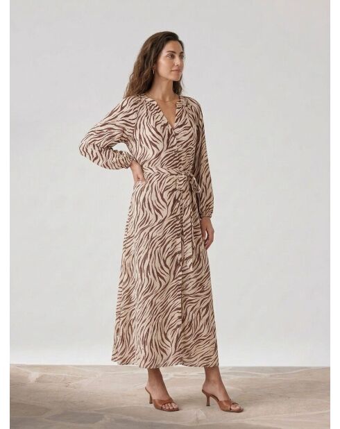 Beiges langes Kleid mit Zebra-Print