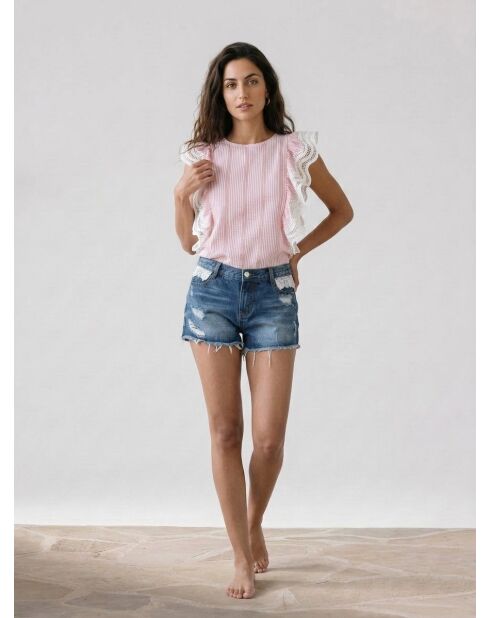 Lily Top mit Streifen und durchbrochenen Rüschen rosa/weiß