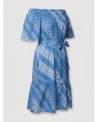 Cecile Azurfarbenes, schulterfreies Kleid mit Aufdruck
