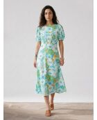 Blauw/groene midi-jurk met bloemenprint Beline