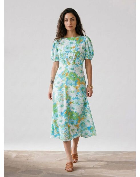 Blauw/groene midi-jurk met bloemenprint Beline