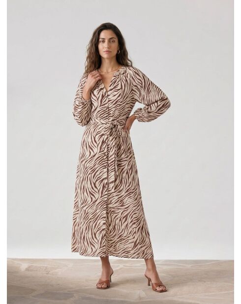 Beiges langes Kleid mit Zebra-Print