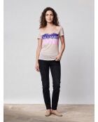 Slim t-shirt met beige/paars/roze opdruk