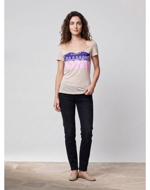 Camiseta delgada con estampado beige/púrpura/rosa