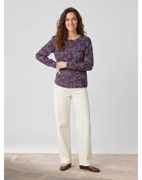 Blusa fluida con maniche a sbuffo motivi prugna/blu