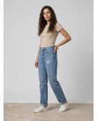 Mittelblaue, gerade geschnittene Jeans aus Baumwollleinen mit hoher Taille
