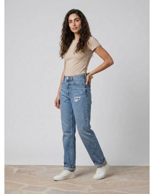 Mittelblaue, gerade geschnittene Jeans aus Baumwollleinen mit hoher Taille