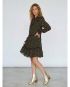 Mehrfarbiges, ausgestelltes Kleid mit gesmoktem Kragen und Blumendruck