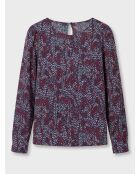 Soepele blouse met pofmouwen, pruim/blauwe patronen