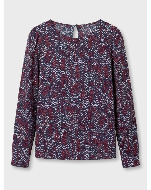 Blusa fluida con maniche a sbuffo motivi prugna/blu