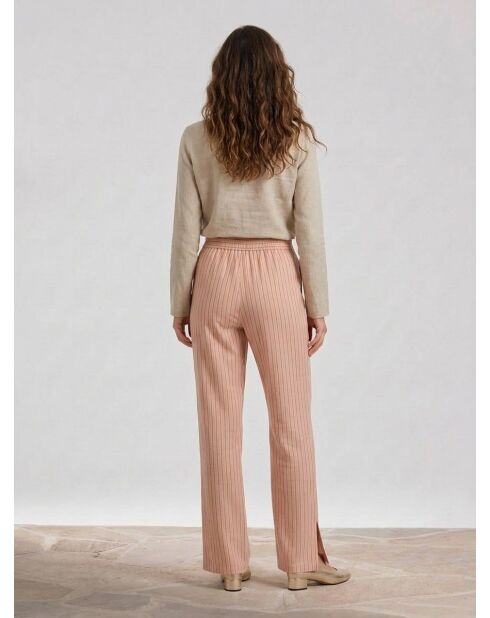 Pantalones en mezcla de lino a rayas color beige pimienta