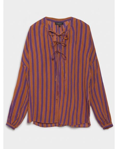 Avignon-Bluse mit Streifen und Bindebändern am lila Ausschnitt