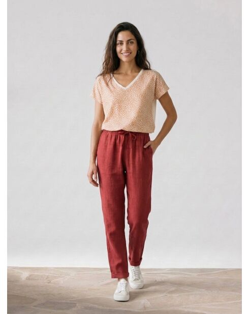 Camiseta Isaline de algodón y lino con estampado de papaya