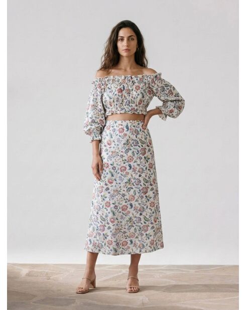 Blusa Liberty con spalle scoperte e stampa multicolor