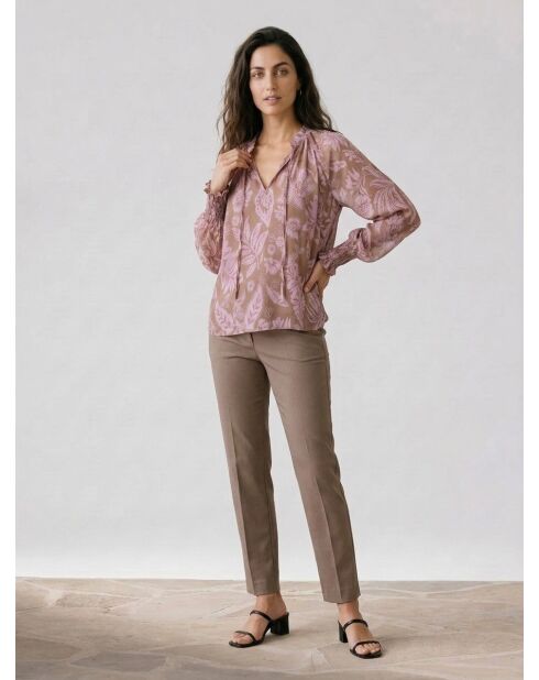 Blusa a maniche lunghe a fiori fluidi tortora/rosa