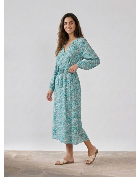 Evi Kleid aus Seidenmix mit türkisfarbenem Gänseblümchen-Print