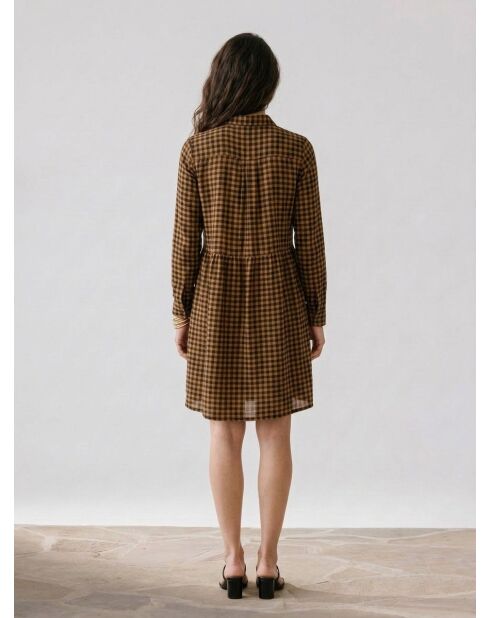 Mittelgroßes kariertes Kleid aus Etamin-Wollmischung in Grün/Kamel