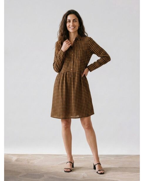 Mittelgroßes kariertes Kleid aus Etamin-Wollmischung in Grün/Kamel